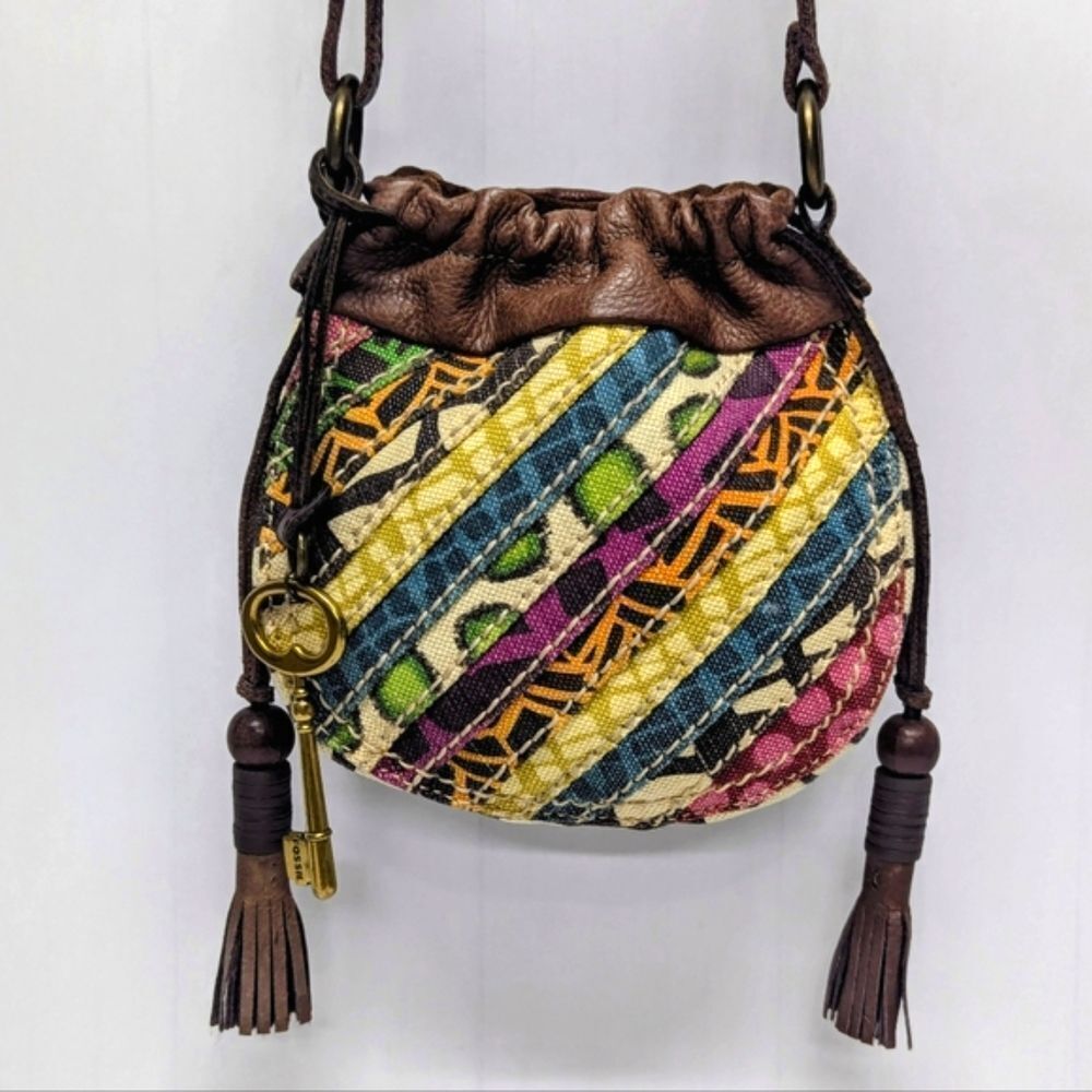 FOSSIL | Patchwork and Leather Drawstring Bag with Key FOB and Tassles